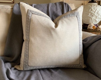 Oatmeal linen with pewter and taupe greek key trim pillow cover, 20 x 20 and 22 x 22 inch available, neutral pillow cover, greek key trim