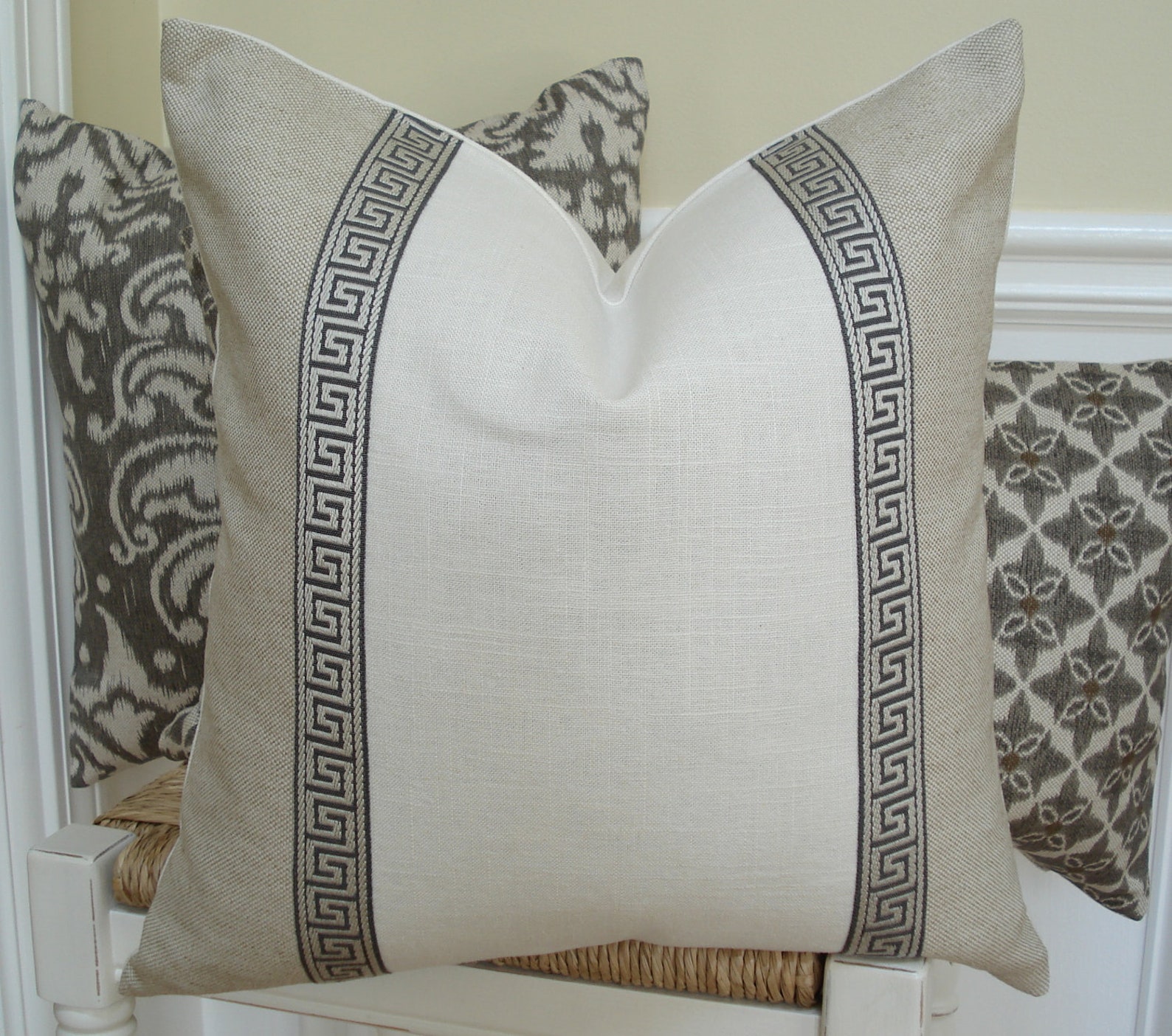 Greek Key Pillow Cover. Greek Key Trimmed Natural Linen Pillow Etsy