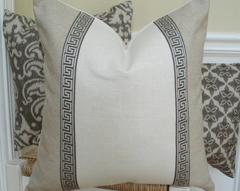 Greek key pillow cover.  Greek key trimmed natural linen pillow cover. Colorblocked pillow cover 12 x 20 - 20 x 20 -  22 x 22 FREE SHIPPING