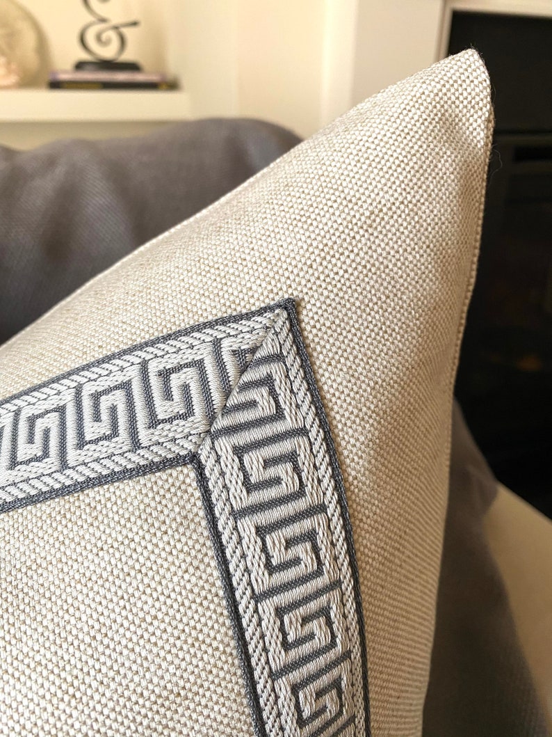 Oatmeal linen with pewter and taupe greek key trim pillow cover, 20 x 20 and 22 x 22 inch available, neutral pillow cover, greek key trim image 3