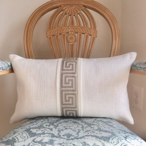 Greek key pillow cover. Ivory lumbar pillow cover with center panel of taupey grey greek key trim. 12 x 20 image 1