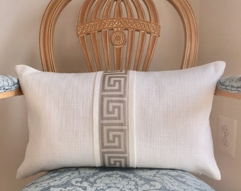 Greek key pillow cover. Ivory lumbar pillow cover with center panel of taupey grey greek key trim. 12 x 20