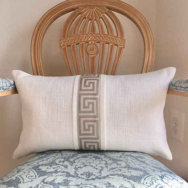 Greek key pillow cover. Ivory lumbar pillow cover with center panel of taupey grey greek key trim. 12 x 20