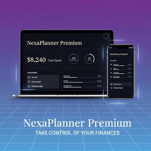 May include: A laptop and smartphone display the NexaPlanner Premium app interface. The laptop shows $8,240 total saved, with progress indicators. The smartphone displays a similar interface, showcasing financial categories. The background is a gradient of purple and blue.