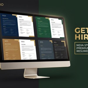 May include: A computer monitor displays a digital resume template with various color schemes. The text "GET HIRED" is in gold lettering. The resume template is from NEXA STUDIO.