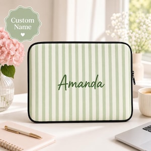 Personalized Sage Green Striped Laptop Sleeve, Custom Name Neoprene Computer Case, 13 or 15 Inch Gift for Her