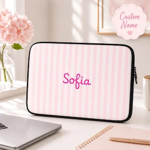 Personalized Pink Striped Laptop Sleeve, Custom Name Neoprene Computer Case, Cute 13 or 15 Inch MacBook & Laptop Gift for Her