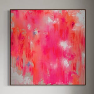 Large abstract painting in pink and coral on raw canvas | Original contemporary art | Neon wall art with shadow gap frame | 100 x 100 cm
