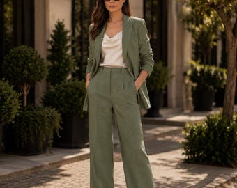 Women's Sage Green 2 Piece Suit |Tailored Blazer Wide Leg Pants Set | Lightweight Summer Formal Wear |Business Casual Power Suit |