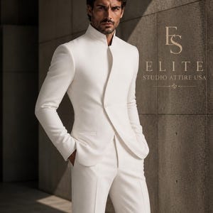 Men's White Mandarin Collar Suit |Asymmetrical Bandhgala Tuxedo |Modern Minimalist Groom Set |Designer Avant-Garde Formal wear