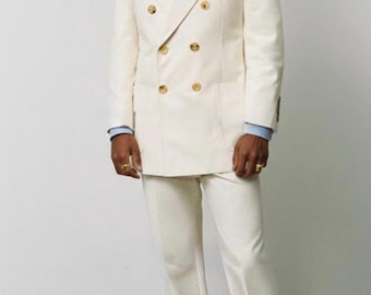White Men’s Double Breasted Suit | Off White Wedding Suit for Groom | Custom Tailored Luxury Men’s Suit | Vintage Style Formal Suit