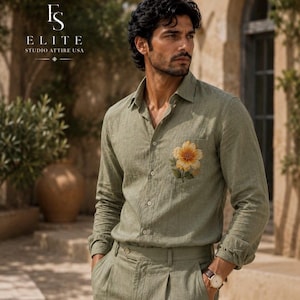 Men's Sage Green Linen Shirt |Yellow Floral Hand Embroidered Pocket |Luxury Resort Wear | Tailored Summer Shirt | ElitestudioattireUSA