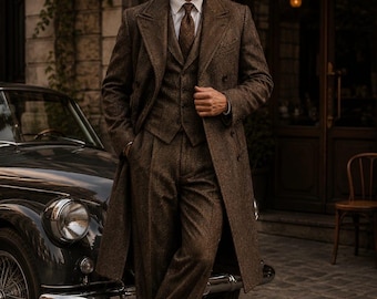 Traje de hombre de 3 piezas con estampado de espiga marrón + abrigo / Conjunto de novio vintage de los años 40 / Traje de invierno de tweed de pierna ancha a medida / Conjunto formal parisino de lujo