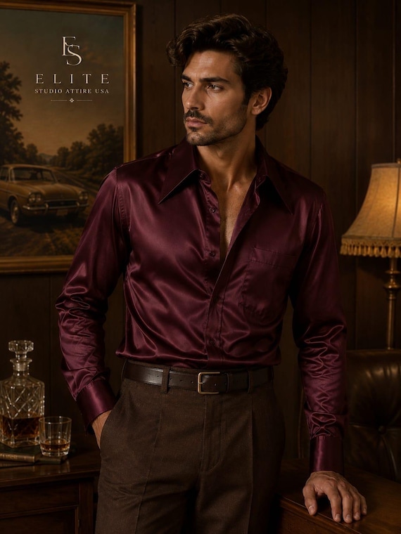 Men's Burgundy Satin Dress Shirt | 70s Style Long Point Collar Shirt | Luxury Shiny Formal Shirt
