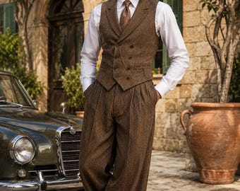 Men's Brown Herringbone Vest Set | Double Breasted Waistcoat Trousers | Vintage 1930s Groom Suit | Wide Leg Tweed Wedding Set