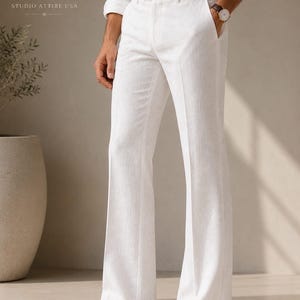 Men's White Linen Flared Pants | Flat Front Bell Bottom Trousers |Lightweight Summer Dress Pants |Retro Resort Formal Wear |