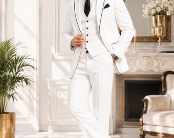 Traje de esmoquin blanco de 3 piezas para hombre / Conjunto formal de novio con ribete negro / Traje de boda de lujo moderno y ajustado / Elitestudioattire USA