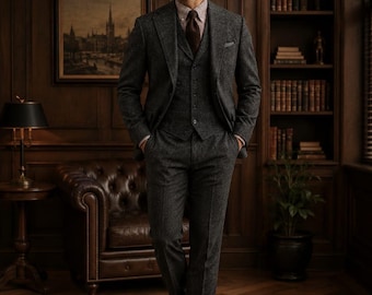 Men's Charcoal Grey Tweed Suit | 3 Piece Wool Blend Winter Suit |Tailored Vintage Groom Suit | Luxury Scholar Vest Set |ElitestudioattireUSA