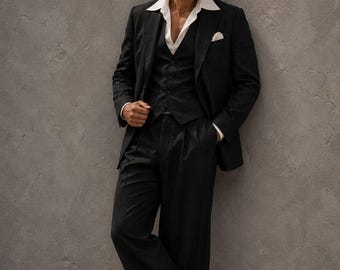 Men's Black 3 Piece Suit | Wide LegNotch Lapel | 1970s Inspired Groom Set | Editorial Power Formal |Elitestudioattire USA