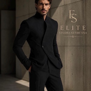 Hochwertiger schwarzer 2-teiliger Herrenanzug mit Stehkragen von ElitestudioattireUSA – Slim-Fit-Hochzeitsanzug, Luxus vom Designer.