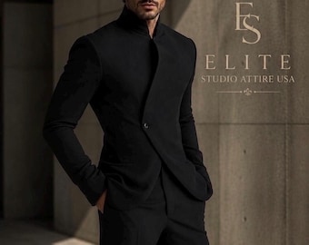 Men's Premium Black 2-Piece Suit with Mandarin Collar by ElitestudioattireUSA - Slim Fit Modern Wedding Tuxedo, Elite Designer Luxury