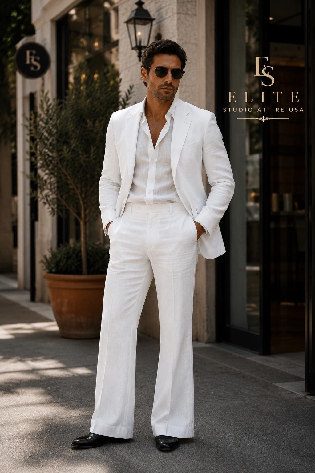 Men's 70's White Linen Blend 2 Piece Suit Wide Leg Notch Lapel Modern Resort Groom Set Old Money Summer Formal ElitestudioattireUSA
