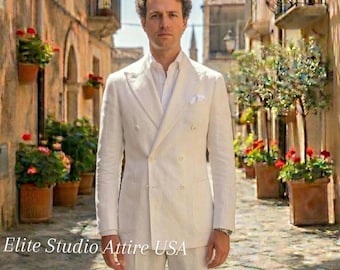 Vintage Men's White Linen Suit: Slim Fit Bespoke Groomsmen Wedding Wear