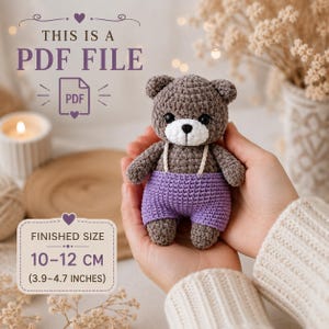 May include: A small crocheted teddy bear with dark gray fur, a white muzzle, and purple overalls. The text on the image reads THIS IS A PDF FILE and FINISHED SIZE 10-12 CM (3.9-4.7 INCHES). The bear has black eyes and a stitched nose.