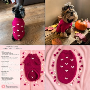 Puede incluir: Un suéter para perro color magenta con un patrón de corazones blancos, cuello y dobladillo acanalados. La prenda se muestra en un perro pequeño y extendida, acompañada de una guía titulada WHAT YOU NEED TO KNIT THIS DOG SWEATER.