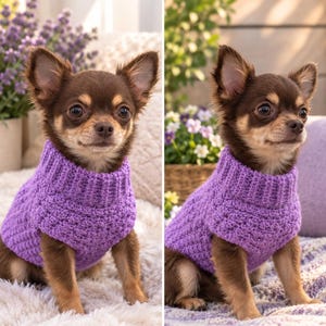 Può includere: Un piccolo chihuahua a pelo lungo che indossa un maglione lavorato a maglia di colore viola vivace e testurizzato. Il maglione presenta un collo alto a coste e un distinto motivo a punti geometrici in rilievo su tutto il corpo.