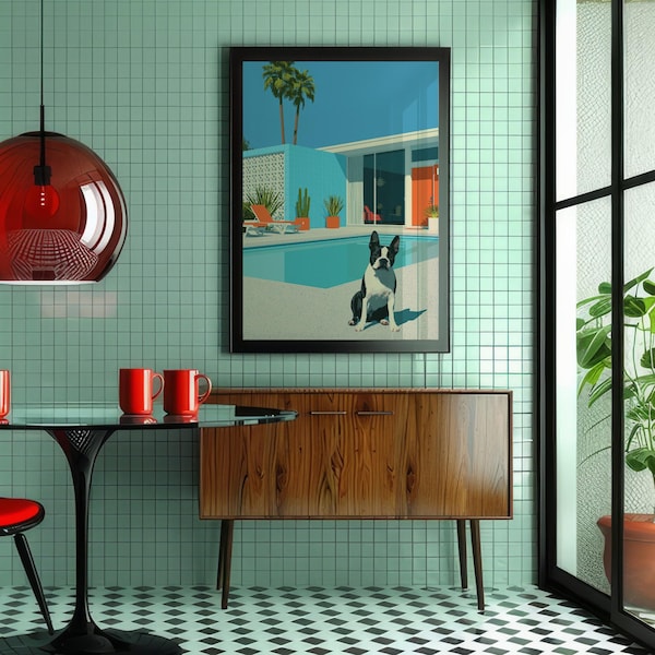 Maximalist Boston Terrier Print | Mid Century Modern Poolside Dog Art (Digital Download)
