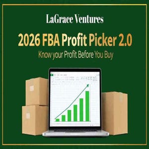 May include: A laptop displaying a spreadsheet with a green upward-trending bar graph, flanked by two brown cardboard shipping boxes. The text reads LaGrace Ventures, 2026 FBA Profit Picker 2.0, and Know your Profit Before You Buy on a green background.