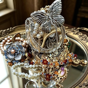 May include: A clear glass container filled with assorted jewelry, topped with a large silver-toned butterfly ornament. The collection includes pearl strands, a floral-shaped brooch with blue and clear crystals, and various gold-toned chains.