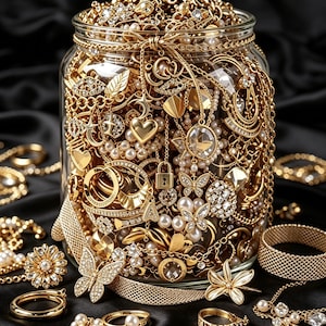 May include: A clear glass jar filled with an assortment of gold-toned jewelry including chains, pearl-accented necklaces, heart-shaped pendants, butterfly charms, and rings. Additional gold rings and bracelets are arranged around the base of the jar.