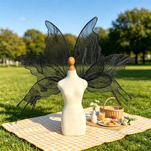 May include: A pair of large, black, sheer fairy wings with intricate, sparkling, vein-like patterns and floral details, displayed on a beige mannequin torso. The wings feature a pointed, butterfly-inspired shape with a delicate, translucent texture.