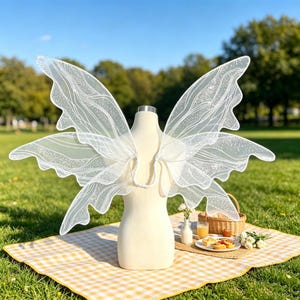 May include: A pair of large, white, translucent fairy wings with intricate, flowing line patterns and subtle glitter accents. The wings are attached to a central frame and are displayed on a neutral-coloured mannequin torso, showcasing the delicate, layered structure of the wing design.