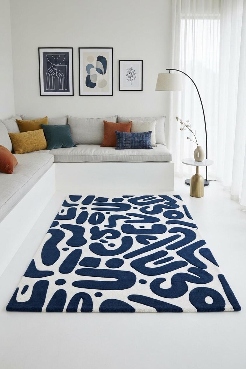 Modern Rug Solid Background Mid Century Modern Blue Rug, Navy and Cream Abstract Tufted Carpet ...