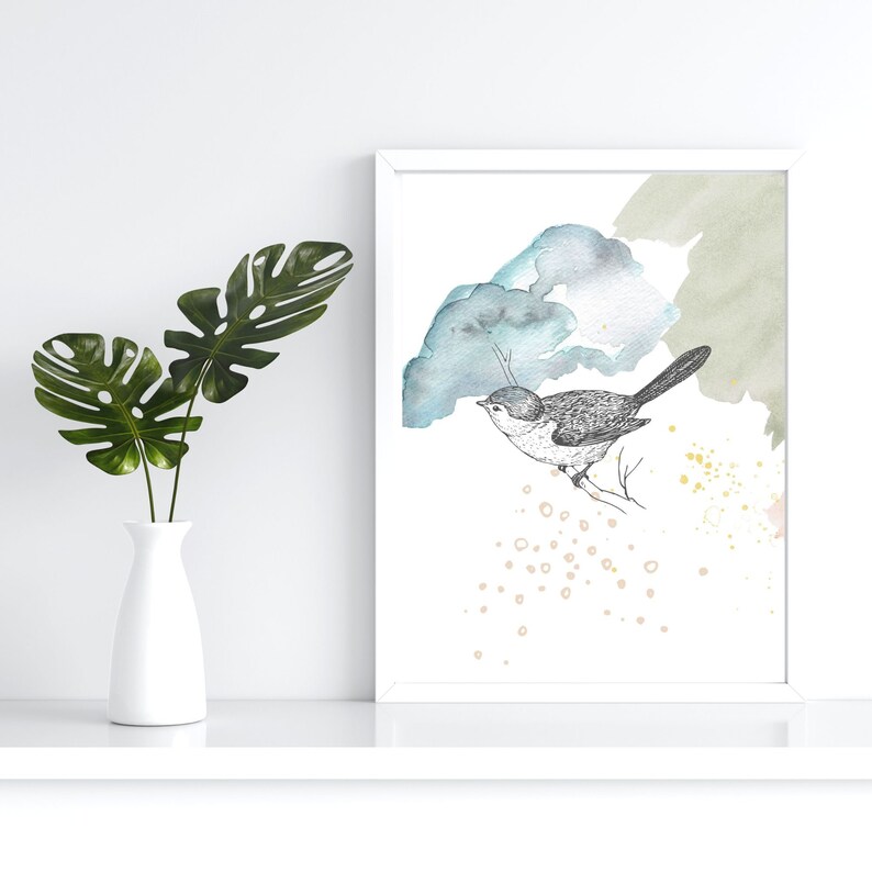 Pastel Watercolor Wall Art PDF Printable Bird on Branch Etsy