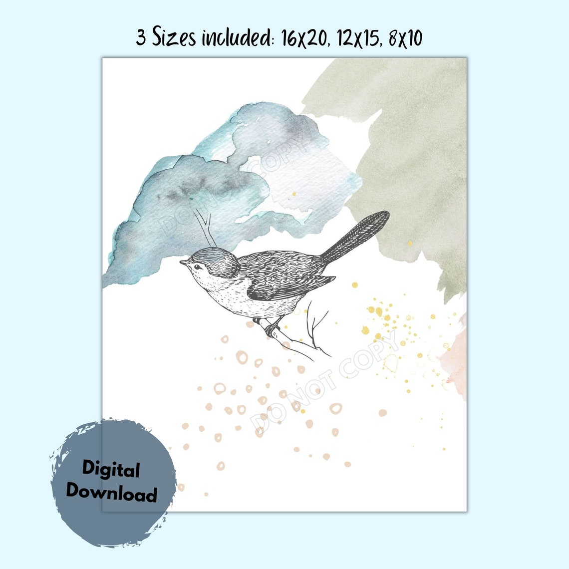 Pastel Watercolor Wall Art PDF Printable Bird on Branch Etsy