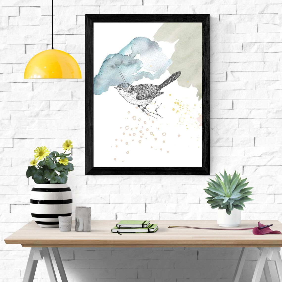 Pastel Watercolor Wall Art PDF Printable Bird on Branch Etsy