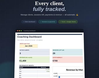 Foglio di calcolo per la gestione dei clienti di personal trainer, un CRM per coach del fitness con monitoraggio delle sessioni e dei pagamenti, compatibile con Excel e Fogli Google.