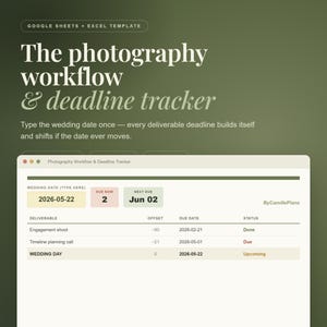 Photography Workflow Tracker Spreadsheet with Auto Deadlines from Shoot Date and Editing Queue for Excel and Google Sheets