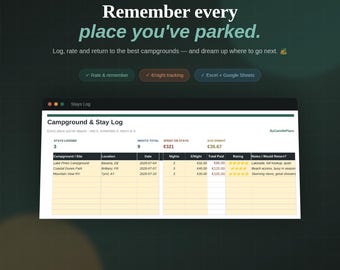 Campground Log Spreadsheet for RV Campsite Tracking, Stay Log, Ratings and Wishlist in Excel and Google Sheets, a Van Life Memory Keeper