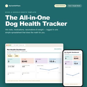 Pet Health Tracker Spreadsheet for Dogs and Cats with Vet Visit Vaccination Medication and Weight Log in Excel and Google Sheets