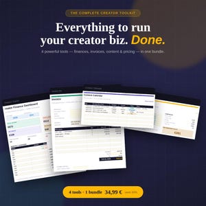Könnte beinhalten: Ein digitales Creator-Toolkit-Paket mit vier Software-Schnittstellen: ein Finanz-Dashboard, ein Rechnungskit, ein Inhaltskalender und ein Preisgestaltungstool. Der dunkelblaue Hintergrund zeigt den Text: The Complete Creator Toolkit. Everything to run your creator biz. Done. 4 powerful tools - finances, invoices, content & pricing - in one bundle. 4 tools 1 bundle 34,99 € save 33%.