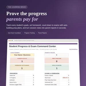 May include: A digital dashboard titled Student Progress & Exam Command Center by CamillePlans, featuring sections for tutor business details, student tracking, exam countdowns, homework status, and progress metrics on a dark purple background.