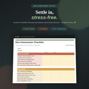 New Homeowner Checklist Spreadsheet with Move In Setup Expense Tracker and Home Info for Excel and Google Sheets