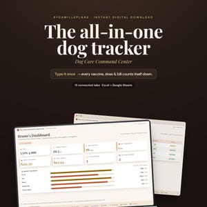 Könnte beinhalten: Eine digitale Hundepflege-Tracker-Vorlage für Excel und Google Sheets mit dem Titel The all-in-one dog tracker. Die Benutzeroberfläche zeigt Bruno's Dashboard mit Reitern für Alter, Gewicht, Impfungen, Behandlungen, Tierarztbesuche und Budget.
