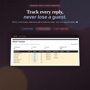 Könnte beinhalten: Eine digitale Tabellenkalkulations-Schnittstelle zur Verwaltung von Hochzeits-RSVPs und Gästen. Der dunkle Hintergrund zeigt den Text: Wedding RSVP & Guest Manager, Track every reply, never lose a guest. Die Tabelle enthält Spalten für Gästenamen, Gruppengröße, RSVP-Status, Einladungsversand, Antwortdatum und Menüwahl.