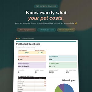 Könnte beinhalten: Eine digitale Dashboard-Oberfläche zur Verfolgung von Haustierausgaben mit dem Text Pet Expense Tracker, Know exactly what your pet costs und Pet Budget Dashboard. Die Anzeige zeigt Finanzdaten wie Jahr, Monatsbudget, Gesamtausgaben und Kategorien.